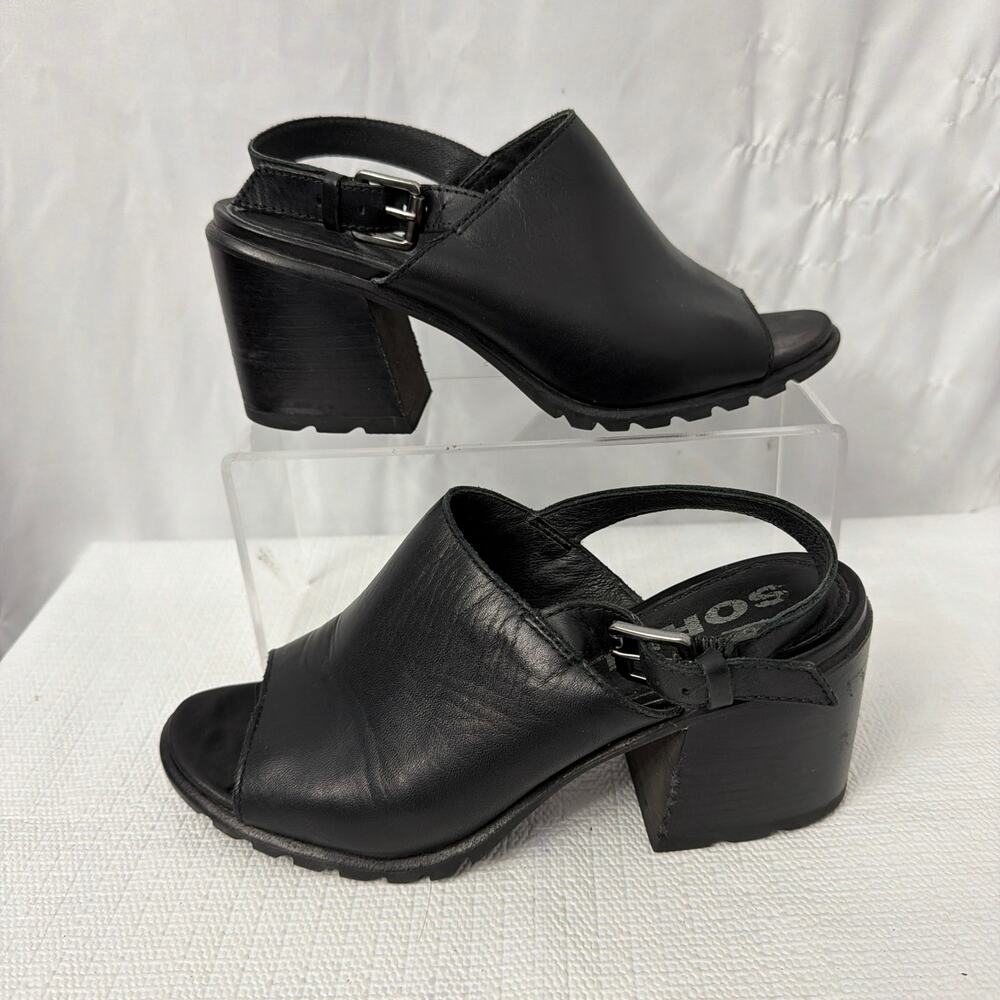 Sorel Sandals Black Leather Women’s Size 7.5 Nadia Slingback Chunky Heel - Picture 9 of 11